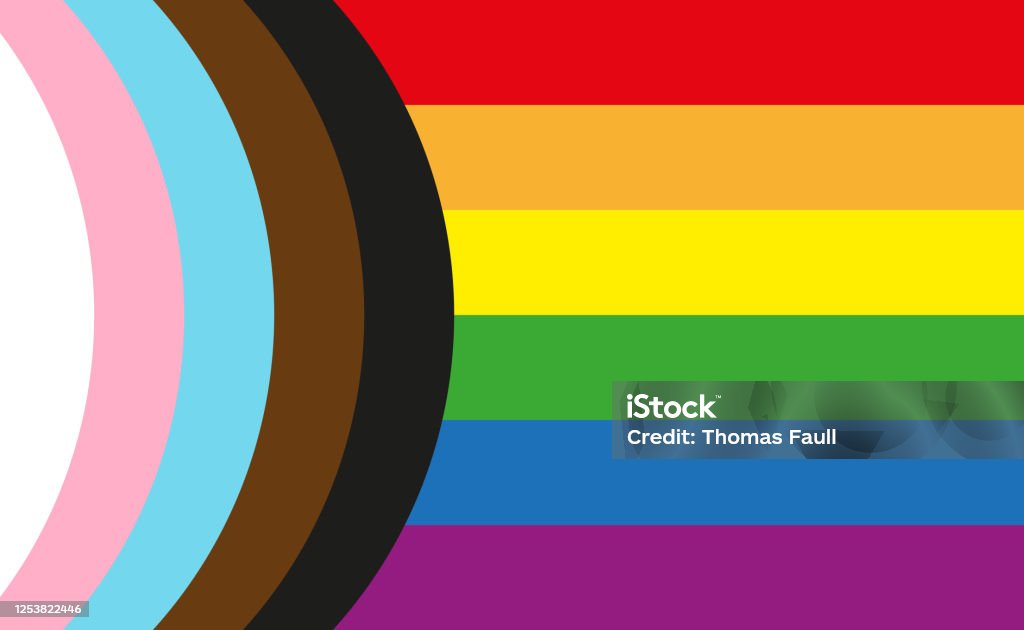 Inclusive LGBTQI+ Pride Flag including people of colour and the trans community Inclusive LGBTQI+ Pride Flag with colours to include people of colour and the trans community. LGBTQIA Pride Month stock vector