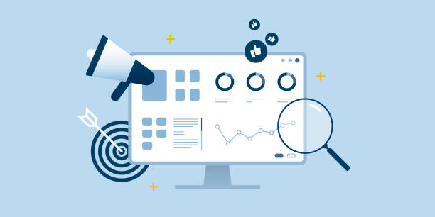 seo analizy optymalizacji pulpitu deski rozdzielczej niebieski płaski projekt. - treść medium informacyjne stock illustrations