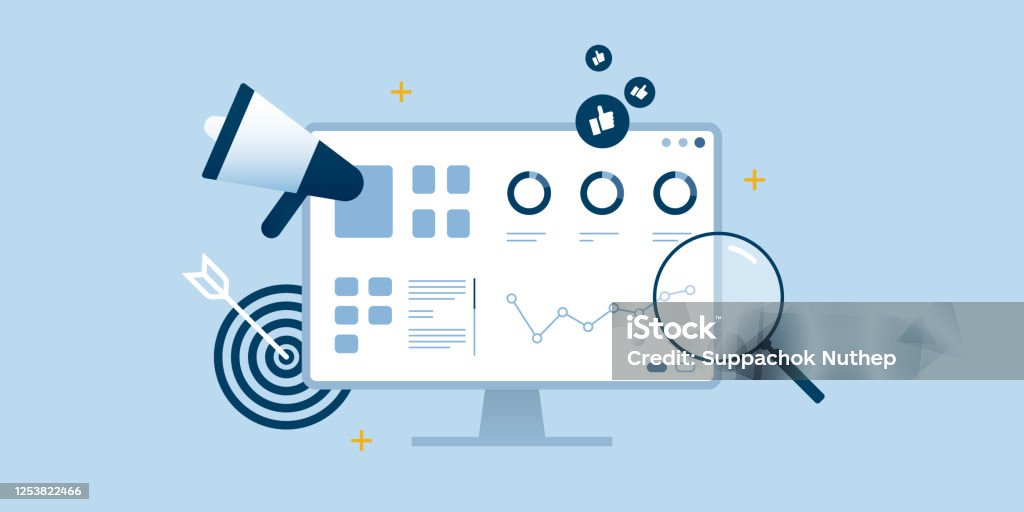 SEO analytics optimization desktop dashboard blue flat design. Marketing stock vector