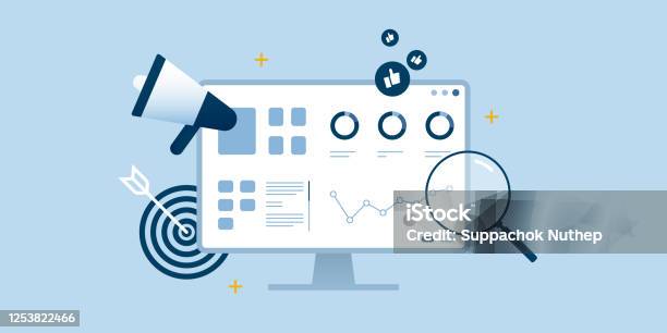 Seo Analytics Optimization Desktop Dashboard Blue Flat Design Stock Illustration - Download Image Now