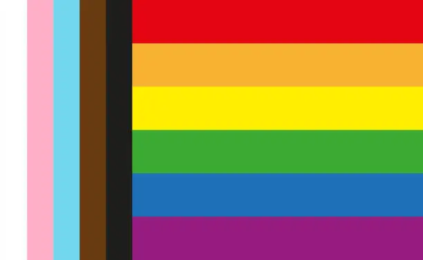 Vector illustration of Inclusive LGBTQI+ Pride Flag including people of colour and the trans community