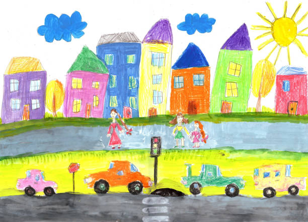 Child's drawing happy family, building, car Child's drawing the lives of people in the city,  building, car childs drawing stock illustrations