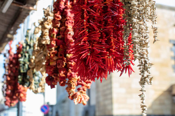 Hanging Delicious Colorful and Sun Dried Marinated Turkish Tomatoes, Peppers and Eggplants or Aubergines in the Traditional Bazaar at Gaziantep City, Turkey