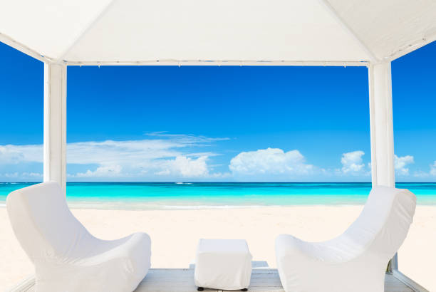 istock View of the beautiful beach through a Balinese bed 1253824623