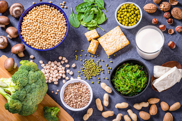 Various kinds of vegan protein sources Top view of various kinds of vegan protein sources like tofu, tempeh, soy beans, soy milk, mushrooms, wakame, lentils, peanuts, spinach and chick peas. All the objects are on a gray bluish backdrop. Studio shot taken with Canon EOS 6D Mark II and Canon EF 24-105 mm f/4L tofu photos stock pictures, royalty-free photos & images