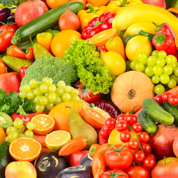 istock Square background made of vegetables and fruits. 1253828014
