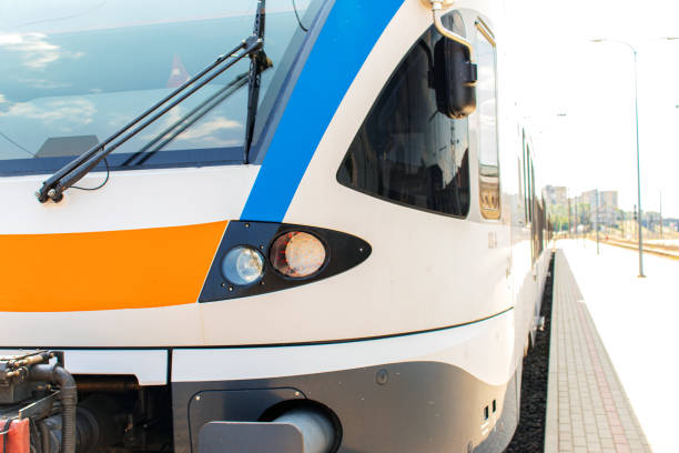 istock Local train on a city platform. Detail. Close-up. 1253829953