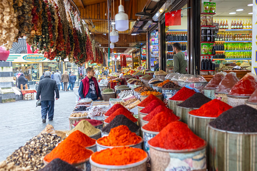 Gaziantep, Turkey, February 12, 2019 : Pile of Spices in Spice Market