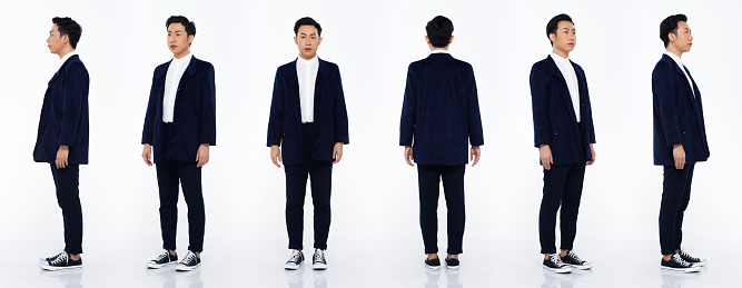Collage Group Full length Figure snap of 20s Asian man black hair suit jacket pant and sneaker. Office boy stands and turns 360 around rear side back view over white Background isolated