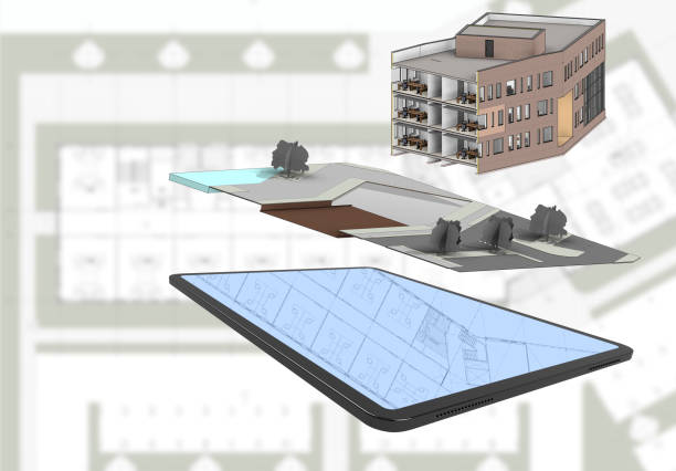 3d рендеринг здания, пейзаж ан таблетки - computer engineer blueprint architect стоковые фото и изображения