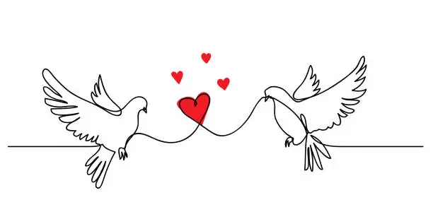 Vector illustration of Dove, pigeon couple with heart. Love concept ,vector simplicity. Continuous one line drawing banner with in love doves
