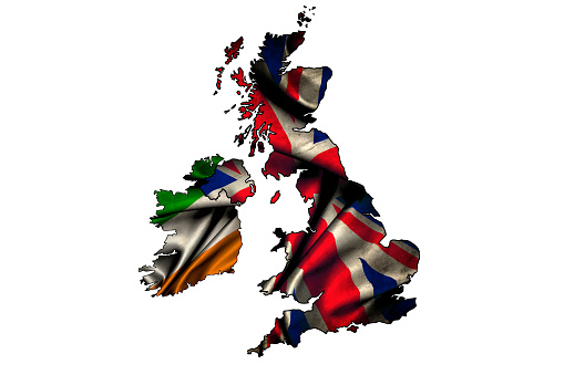 Flags of the United Kingdom and the Republic of Ireland within a map outline of the British Isles and Ireland