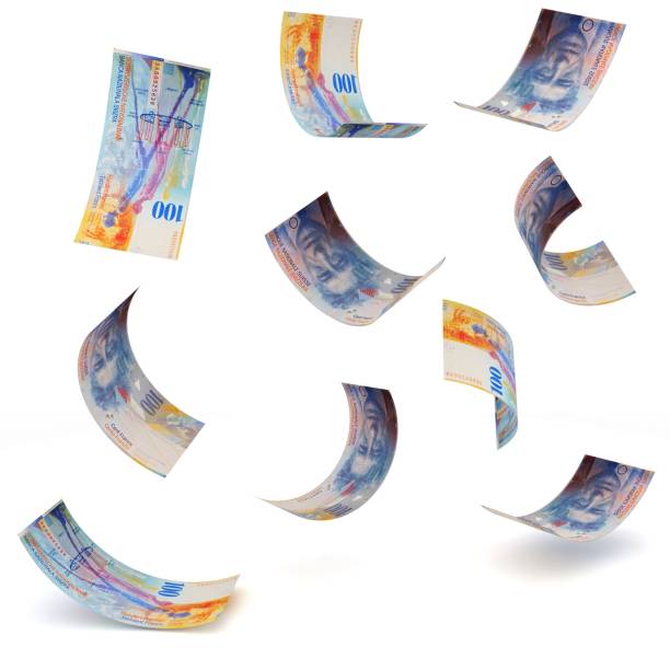 moneta in franchi svizzeri in calo crisi finanziaria recessione - banconota del franco svizzero foto e immagini stock
