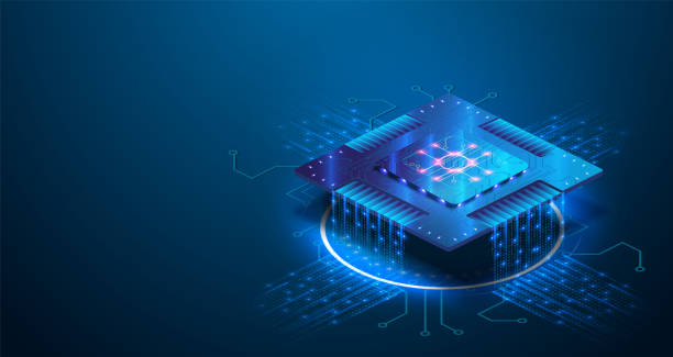 futuristischer blauer neon-mikrochip, datenaustausch und -sammlung, intelligentes neues mikrochip-konzept. quantencomputer, große datenverarbeitung, datenbankkonzept. cpu-isometrisches banner. zentrale computerprozessoren - computer chip cpu processor semiconductor stock-grafiken, -clipart, -cartoons und -symbole