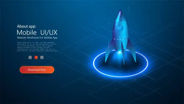 Vector illustration of Rocket flying in up, start up concept, design banner template, isometric style. Business start up concept. Rocket taking off with fire over neon glowing circle on blue background. Vector illustration