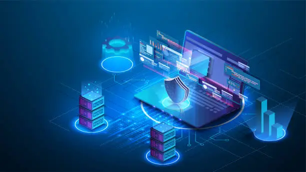 Vector illustration of Digital technologies. Digital system analysis of business. Business growth graph.  Conceptual banner of web technology. Server, digital space. Monitoring and testing Data storage. Data center.