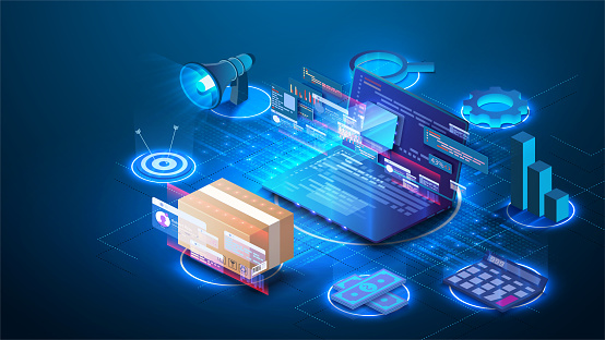 Smart logistics industry 4.0. Inventory optimization isometric  Asset warehouse and inventory management supply chain technology concept.