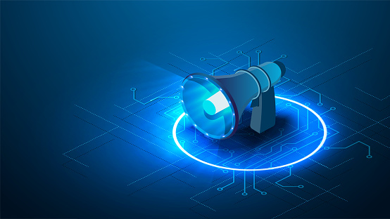Blue futuristic isometric flat megaphone isolated on blue background.