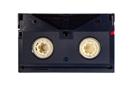 Close up of a vintage video tape on white background, back side - BETACAM model