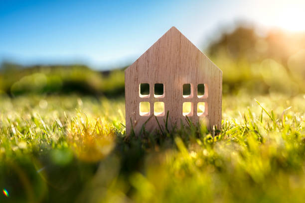 istock Ecological wood  model house in empty field at sunset 1253845911