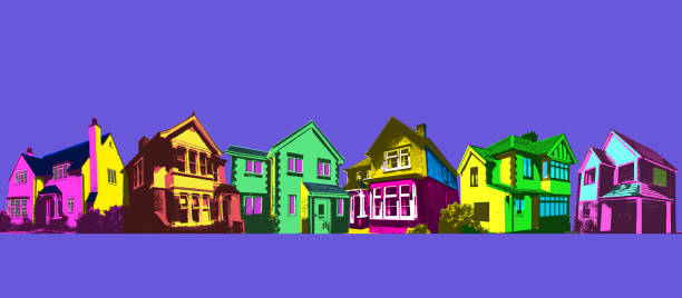 Real Estate - Houses Posterised or Pop Art styled, Property, Houses and Apartments, Housing market, Real estate landlord stock illustrations
