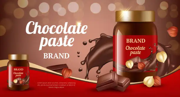 Vector illustration of Chocolate cream ads. Delicious sweet brown paste flowing eat product vector realistic promotional placard