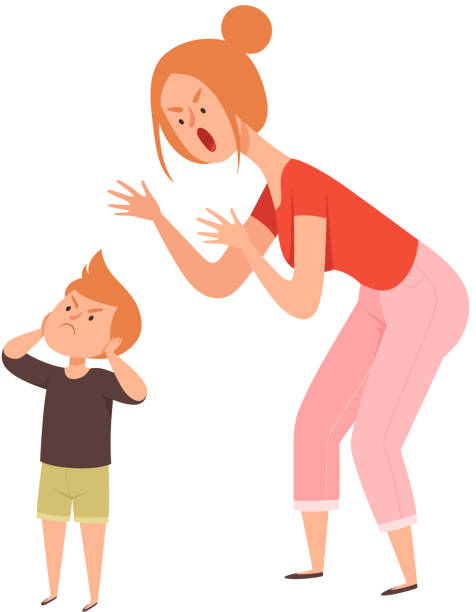 ilustrações de stock, clip art, desenhos animados e ícones de family quarrel. domestic abuse, woman scream on boy. isolated sad toddler and angry mother vector illustration - anger furious mother adult