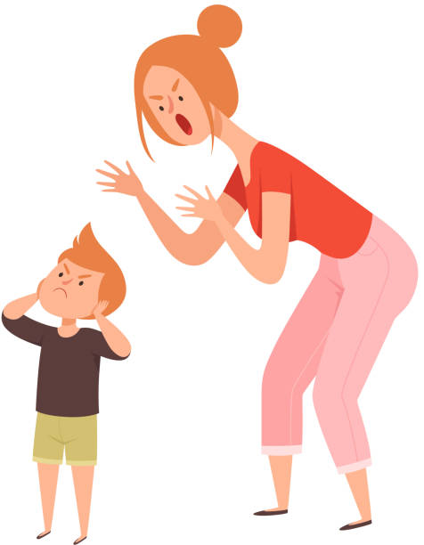 Family quarrel. Domestic abuse, woman scream on boy. Isolated sad toddler and angry mother vector illustration Family quarrel. Domestic abuse, woman scream on boy. Isolated sad toddler and angry mother vector illustration. Mother shouting and scream to son toddler crying baby cartoon stock illustrations