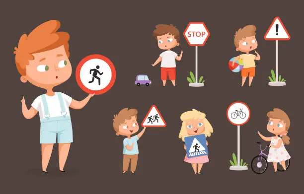 Vector illustration of Kids rules road. School people with traffic signs safety education how crossing road traffic lights vector cartoon characters