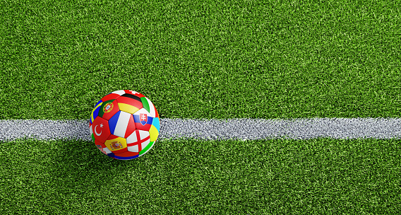 Soccer ball with flags with white line on soccer field - top view - 3D illustration