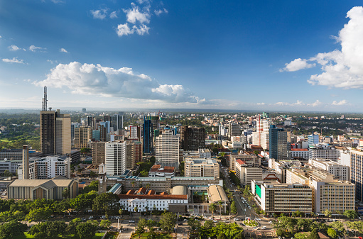 View over City Hall and modern highrises and streets in the business district of Nairobi, Kenya.