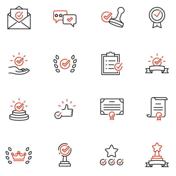 vektor-set von linearen icons im zusammenhang mit genehmigung, akkreditierung, qualitätsprüfung und affirmation. mono-linie piktogramme und infografiken design-elemente - teil 2 - bestimmtheit stock-grafiken, -clipart, -cartoons und -symbole