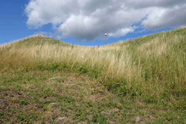 istock Dry grass hill and cloudy sky and lamp. 1253850361
