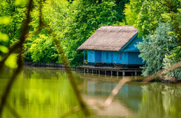 istock Beautiful landscape with a blue house build on water surrounded. 1253851541