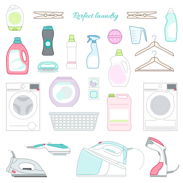 illustrazioni stock, clip art, cartoni animati e icone di tendenza di icone del servizio lavanderia - laundry detergent cleaning product concepts measuring cup