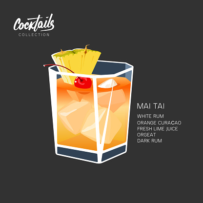 Cocktail Mai Tai for menu, cocktail cards. Contemporary Classic cocktail. Longdrink. Polynesian-style drink popular tiki cocktail with a slice of pineapple and cherry vector illustration