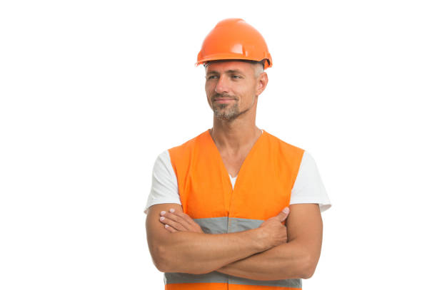 istock Building design. Design architect. Design future. Mature man in helmet. Works at building site. Builder in protective vest and helmet. Construction worker isolated white. Engineering for better life 1253853159
