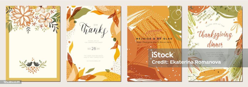 Universal Autumn Templates_02 Thanksgiving cards. Set of abstract creative universal artistic templates. Good for poster, invitation, flyer, cover, banner, placard, brochure and other graphic design. Autumn stock vector