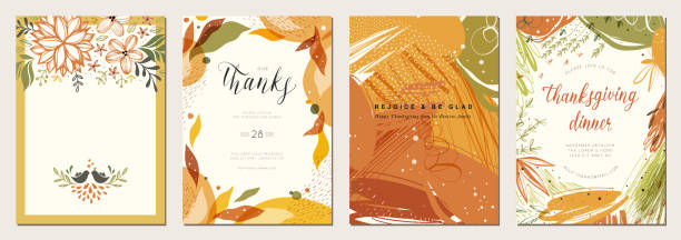 Universal Autumn Templates_02 Thanksgiving cards. Set of abstract creative universal artistic templates. Good for poster, invitation, flyer, cover, banner, placard, brochure and other graphic design. autumn designs stock illustrations