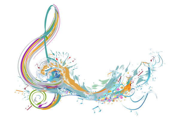 ilustrações de stock, clip art, desenhos animados e ícones de abstract musical design with a treble clef and colorful splashes and waves. hand drawn vector illustration. - guitar illustration and painting abstract pattern