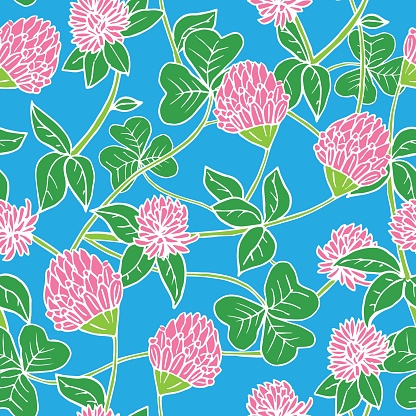 Hand drawn on light blue lines and color seamless vector floral pattern. Bright pink clover flowers with green leaves on neon blue turquoise background. Textile and wrapping paper or packaging design