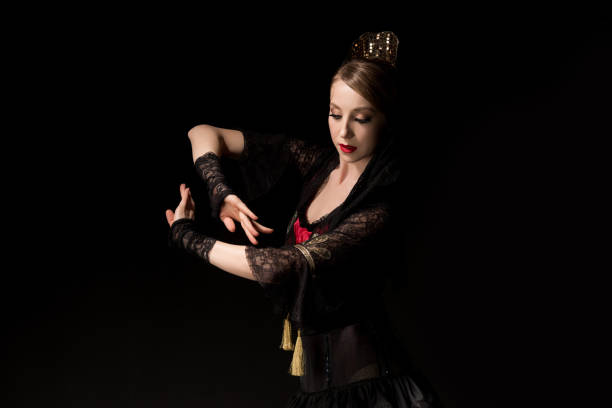 istock attractive dancer in dress gesturing while dancing flamenco isolated on black 1253856132