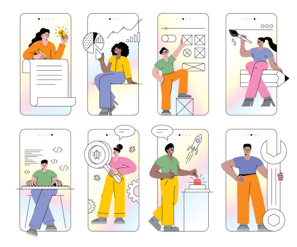 illustrazioni stock, clip art, cartoni animati e icone di tendenza di set di sviluppo di app per dispositivi mobili - woman phone