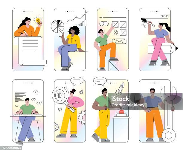 Set Di Sviluppo Di App Per Dispositivi Mobili - Immagini vettoriali stock e altre immagini di Persone - Persone, Illustrazione, Infografica