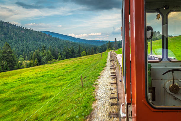 istock Mountain landscape seen through a forest railway locomotive, Slo 1253860507
