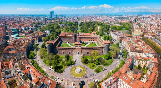 Sforza Castle or Castello Sforzesco aerial panoramic view. Sforza Castle is located in Milan city in northern Italy.