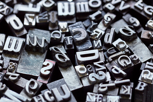Close-up of vintage metal letterpress type background