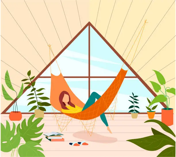 Vector illustration of Young woman relaxing in hammock on the terrace. Girl reading book on the balcony. Home garden and cute exterior design. Conservatory with hammock. Modern illustration.