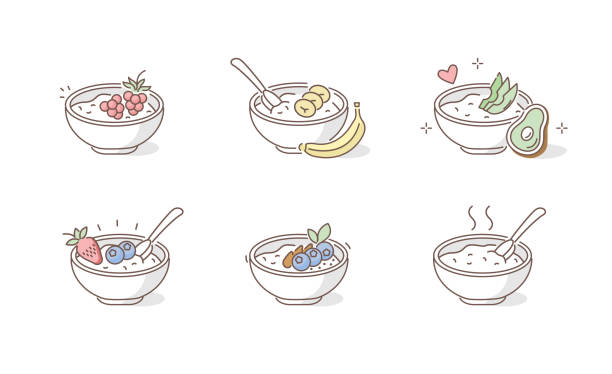 porridge  bowls Breakfast Porridge Bowls Icons. Oatmeal with Different Fruits and Berries. Sliced Banana, Avocado, Strawberry and other Porridge Toppings. Healthy Food Concept. Flat Vector Illustration and Icons set. grain bowl stock illustrations