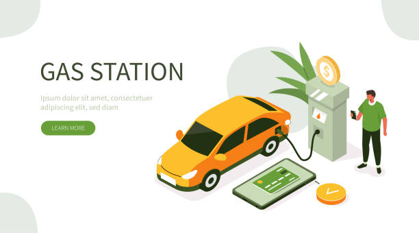 бензоколонка - isometric gas station transportation car stock illustrations